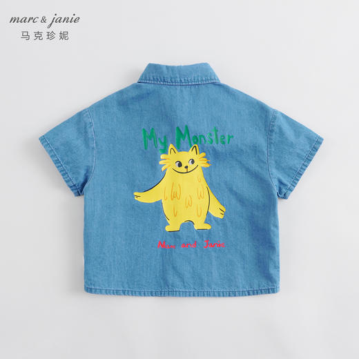 马克珍妮夏装新款 男童猫咪涂鸦纯棉牛仔短袖衬衫230852 商品图1