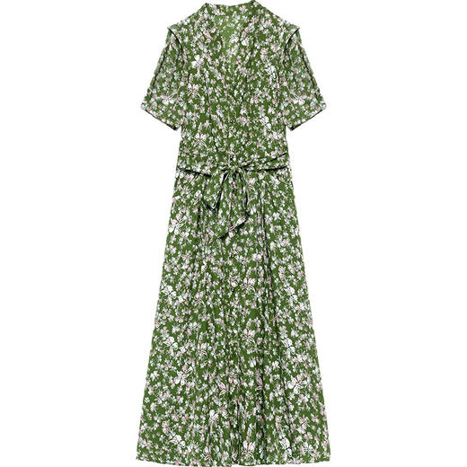 DD-时尚绿色印花连衣裙2023年新款女装系带收腰裙中长款短袖A字裙 商品图4