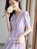 【1件82折，2件8折】熙世界紫色复古a字连衣裙女夏季新款法式收腰显瘦温柔风V领茶歇裙 商品缩略图2