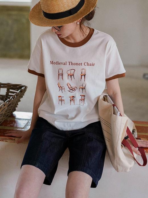 浮生八记/23A067/拼色猫狗椅子印花T恤短袖 商品图1