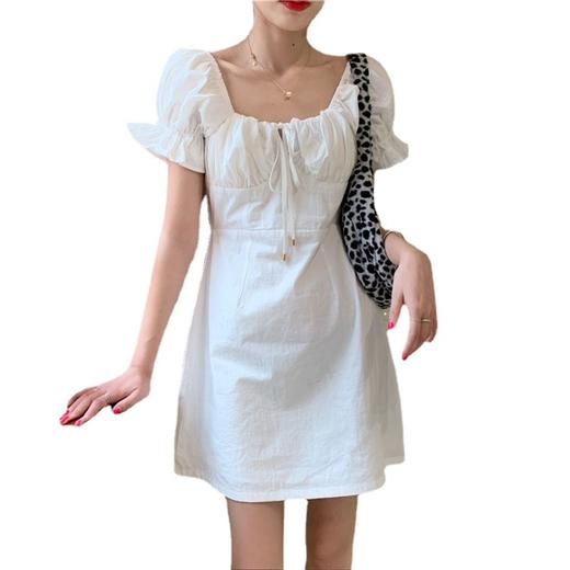 白色复古格子泡泡袖 中长款连衣裙 女夏季V领收腰气质修身裙子女装 商品图4