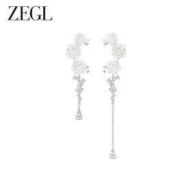 ZEGL设计师冰透玫瑰系列不对称花朵耳环女水滴耳钉夏天季银针耳饰