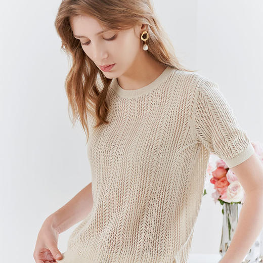 【棉麻镂空针织衫】23年春夏新品女士圆领针织套衫时尚镂空透气内搭上衣 商品图0