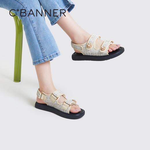 千百度女鞋夏季休闲凉鞋魔术贴厚底平底时尚沙滩海边凉鞋A23375111 商品图2