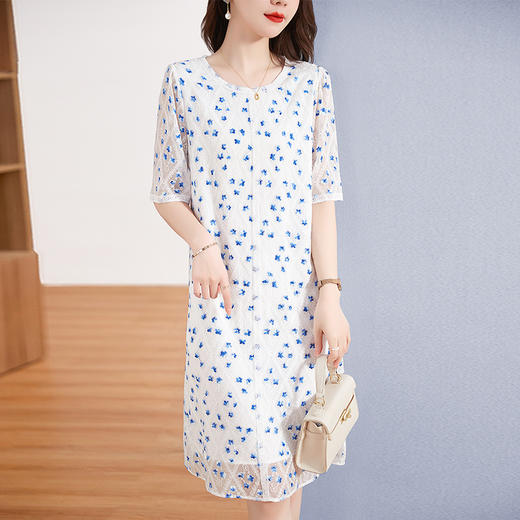 QS-82397033小个子夏装真丝连衣裙2023新款时尚碎花刺绣圆领短袖桑蚕丝裙 商品图2