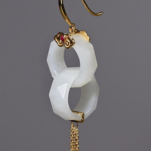 清代和田白玉双连环流苏耳环 商品图2