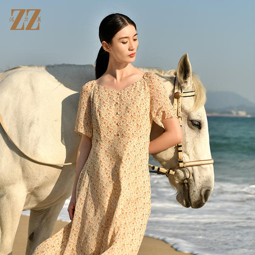 佐尔美夏季新款 优雅气质100桑蚕丝真丝小碎花连衣裙女E32LS64 商品图3