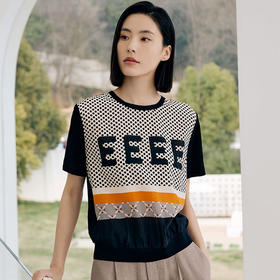 玳莎16姆米真丝双绉印花T恤女2023夏季新款休闲通勤设计感短袖圆领简约上衣  DB31108