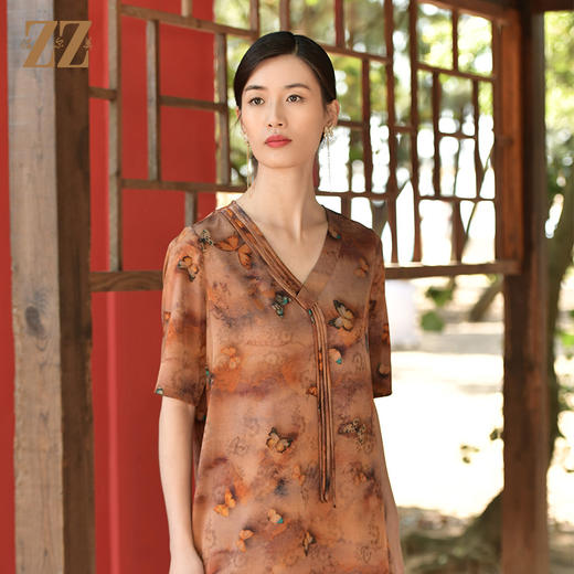 佐尔美夏季新款 国风香云纱花罗印花桑蚕丝连衣裙女E32LS67 商品图0