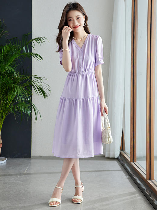 【1件82折，2件8折】熙世界紫色复古a字连衣裙女夏季新款法式收腰显瘦温柔风V领茶歇裙 商品图0
