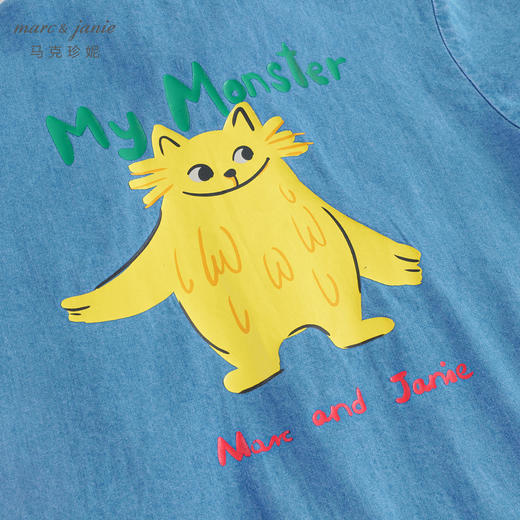 马克珍妮夏装新款 男童猫咪涂鸦纯棉牛仔短袖衬衫230852 商品图4