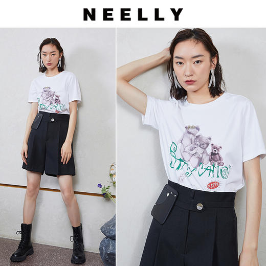 NEELLY纳俪商场同款三只小熊可爱卡通创意印花基础款套头短袖T恤N23044T04576 商品图3