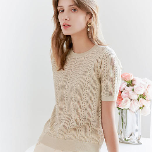 【棉麻镂空针织衫】23年春夏新品女士圆领针织套衫时尚镂空透气内搭上衣 商品图1