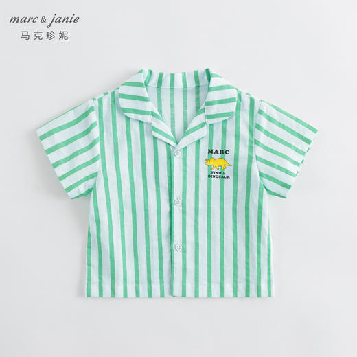 马克珍妮夏装新款 男童绿色条纹透气棉麻短袖衬衫230900 商品图1