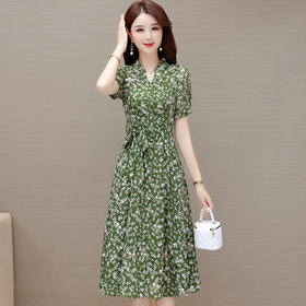 DD-时尚绿色印花连衣裙2023年新款女装系带收腰裙中长款短袖A字裙