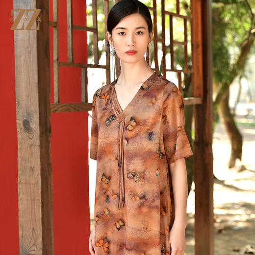 佐尔美夏季新款 国风香云纱花罗印花桑蚕丝连衣裙女E32LS67 商品图3