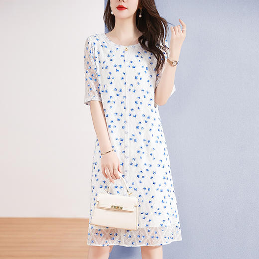 QS-82397033小个子夏装真丝连衣裙2023新款时尚碎花刺绣圆领短袖桑蚕丝裙 商品图3