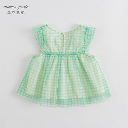 马克珍妮新款夏装 女童清新绿格花边袖网纱小衫230983 商品图1