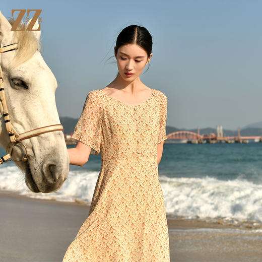 佐尔美夏季新款 优雅气质100桑蚕丝真丝小碎花连衣裙女E32LS64 商品图4