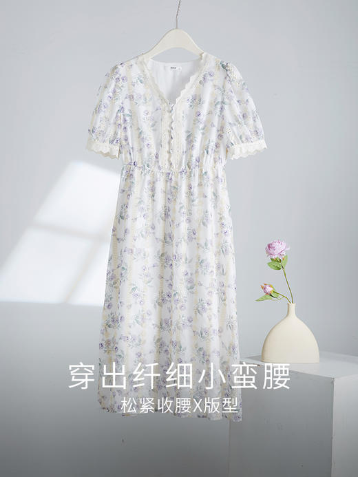 【专属特价】熙世界轻奢重工蕾丝花边V领连衣裙女夏季短袖收腰刺绣雪纺碎花裙 商品图3