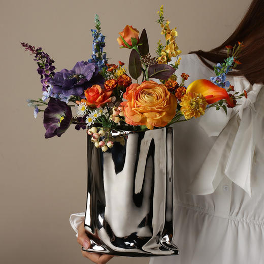 【家居饰品】-创意电镀银色陶瓷花瓶仿真花装饰品 商品图3