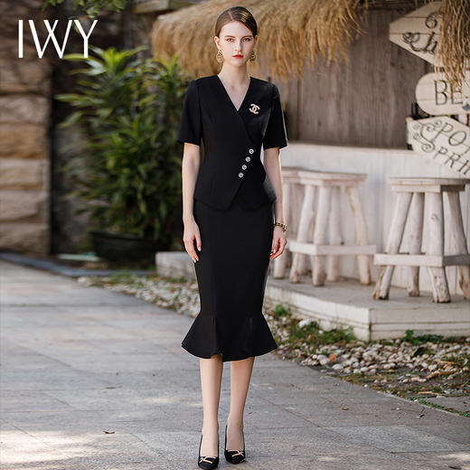 IWY/高端设计款西装套装女黑色修身显瘦夏季短袖半裙女两件套职业装女CS1783 商品图0