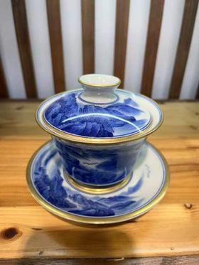 B-WST-6001万山堂 千里江山三才盖碗 青花鎏金