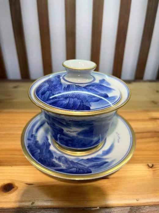 B-WST-6001万山堂 千里江山三才盖碗 青花鎏金 商品图0