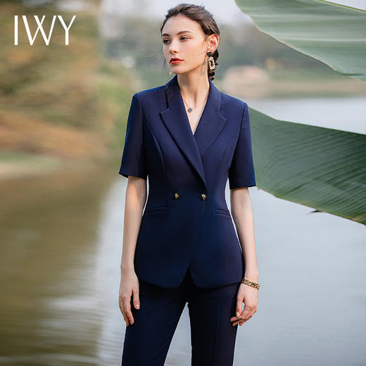 IWY/藏青色短袖职业西装套装女夏季薄款气质上班时尚休闲高端工作服女CPS1798 商品图2