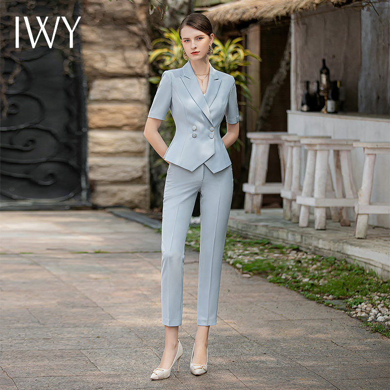 IWY/夏季短袖西装套装女修身薄款高端气质蓝色职场正装办公室OLCP1825