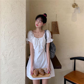 白色复古格子泡泡袖 中长款连衣裙 女夏季V领收腰气质修身裙子女装