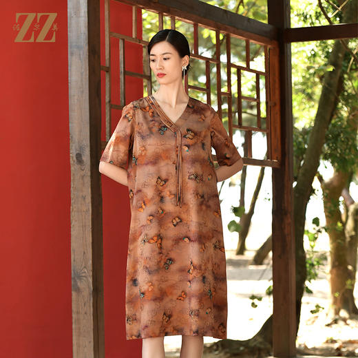 佐尔美夏季新款 国风香云纱花罗印花桑蚕丝连衣裙女E32LS67 商品图1