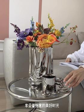 【家居饰品】-创意电镀银色陶瓷花瓶仿真花装饰品