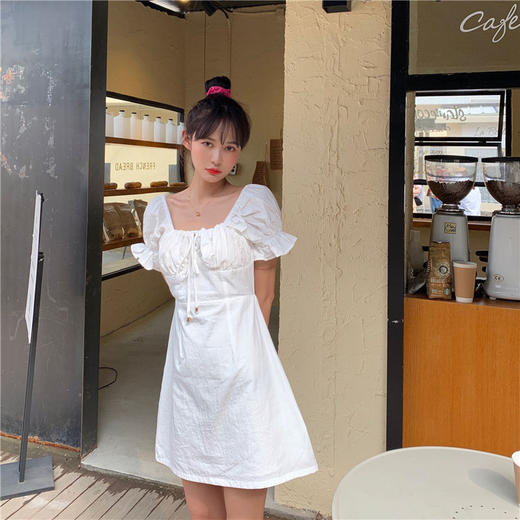 白色复古格子泡泡袖 中长款连衣裙 女夏季V领收腰气质修身裙子女装 商品图2