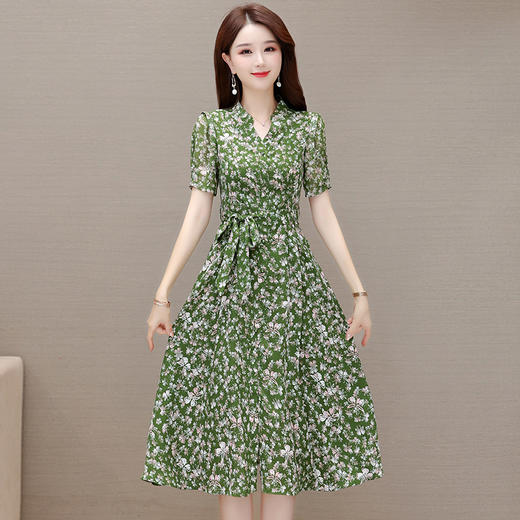 DD-时尚绿色印花连衣裙2023年新款女装系带收腰裙中长款短袖A字裙 商品图5