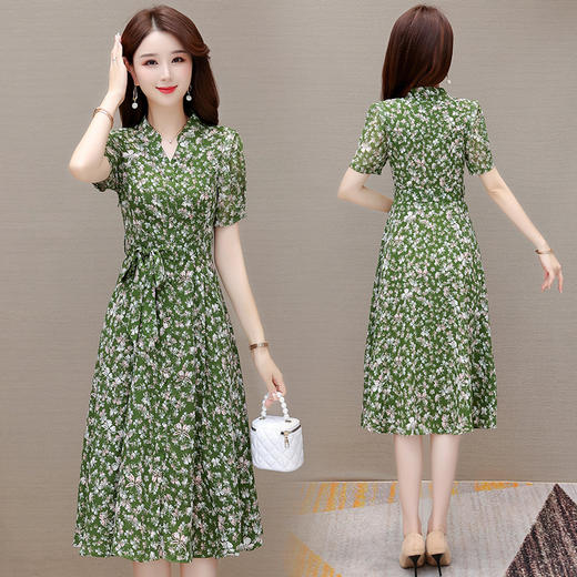 DD-时尚绿色印花连衣裙2023年新款女装系带收腰裙中长款短袖A字裙 商品图2