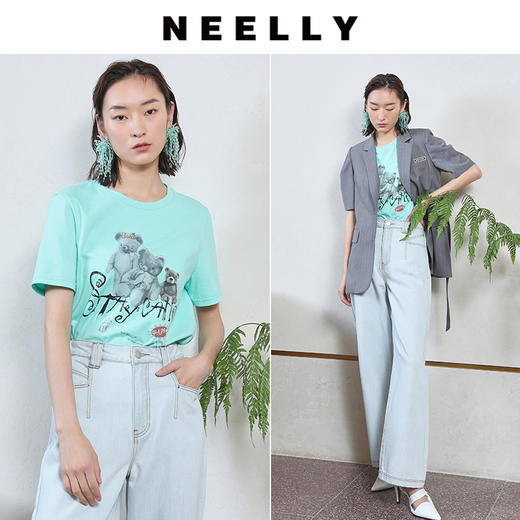 NEELLY纳俪商场同款三只小熊可爱卡通创意印花基础款套头短袖T恤N23044T04576 商品图2
