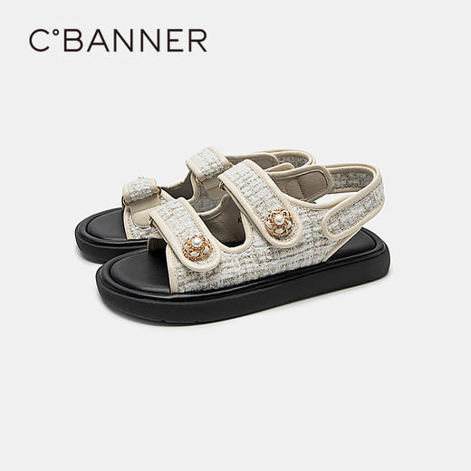 千百度女鞋夏季休闲凉鞋魔术贴厚底平底时尚沙滩海边凉鞋A23375111 商品图4