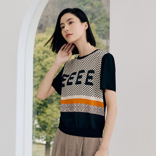 玳莎16姆米真丝双绉印花T恤女2023夏季新款休闲通勤设计感短袖圆领简约上衣  DB31108 商品图1