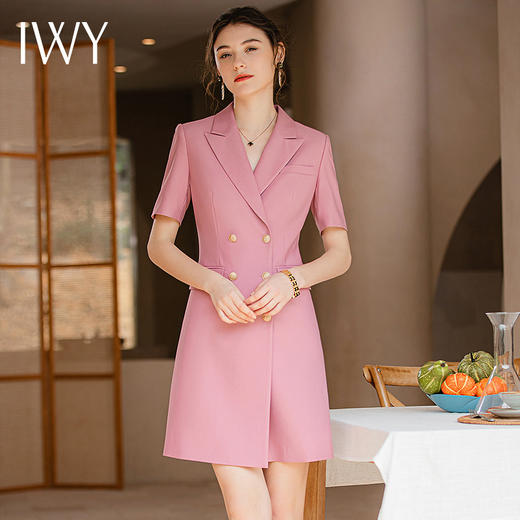 IWY/夏短袖职业西装连衣裙女粉色气质修身显瘦美容院前台接待工装Q903 商品图3