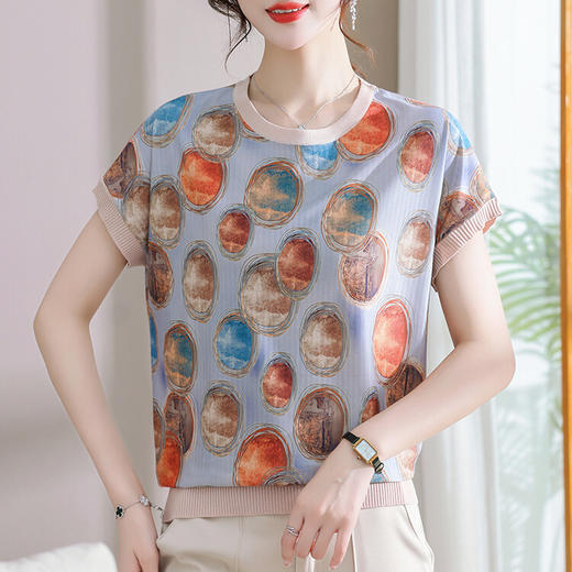 Udia中年妈妈装 幸福感满满的夏季冰丝T恤 花纹漂亮 质感爆棚~！ 商品图1