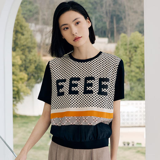 玳莎16姆米真丝双绉印花T恤女2023夏季新款休闲通勤设计感短袖圆领简约上衣  DB31108 商品图3