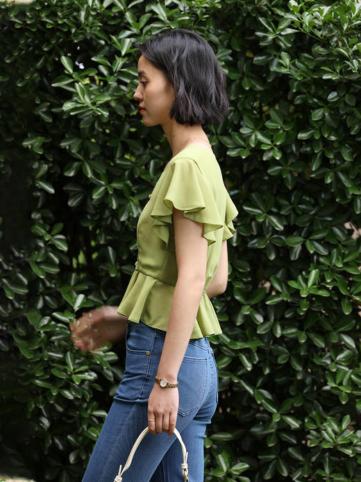 HeyDress法式复古V领衬衫女夏季收腰设计感浪漫荷叶袖雪纺衫上衣 商品图2