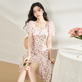 西遇法式碎花连衣裙女2023年夏季新款方领设计感不规则仙女长裙V0031438