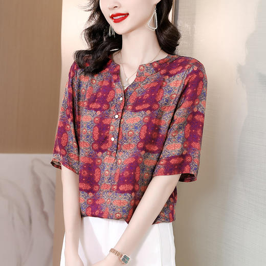 KQL-B39N4126V领印花衬衫女2023夏季新款印花中长款宽松遮肚子衬衣上衣 商品图2