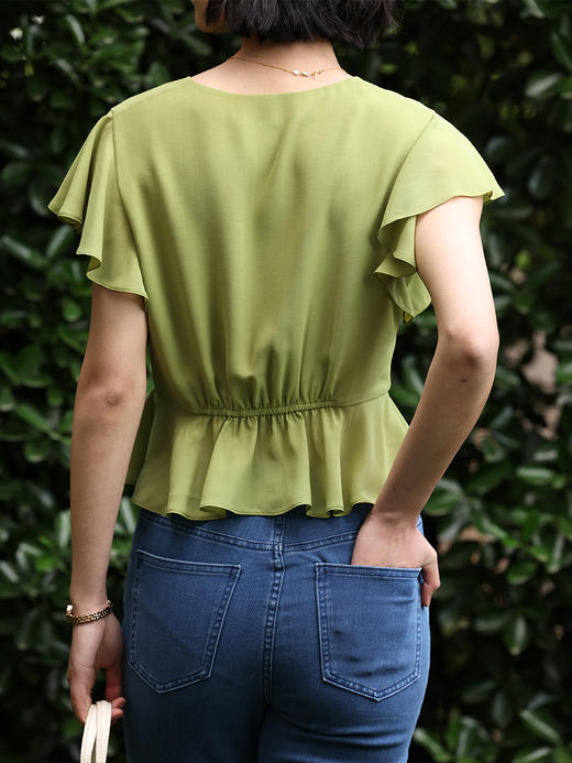 HeyDress法式复古V领衬衫女夏季收腰设计感浪漫荷叶袖雪纺衫上衣 商品图3