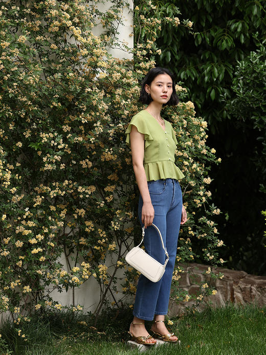 HeyDress法式复古V领衬衫女夏季收腰设计感浪漫荷叶袖雪纺衫上衣 商品图0