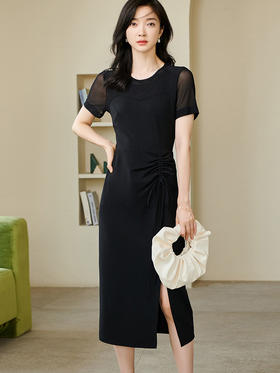 米思阳2024夏季新款优雅大方纯色短袖连衣裙网纱拼接弹力裙子1644