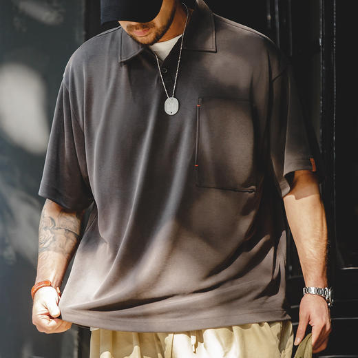 马登工装 美式复古polo领短袖落肩宽松翻领半袖衫莫代尔口袋T恤男夏 商品图4