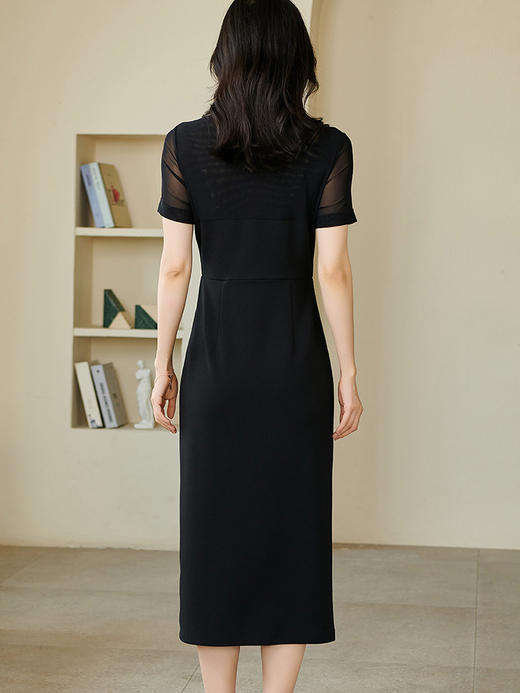 米思阳2024夏季新款优雅大方纯色短袖连衣裙网纱拼接弹力裙子1644 商品图1